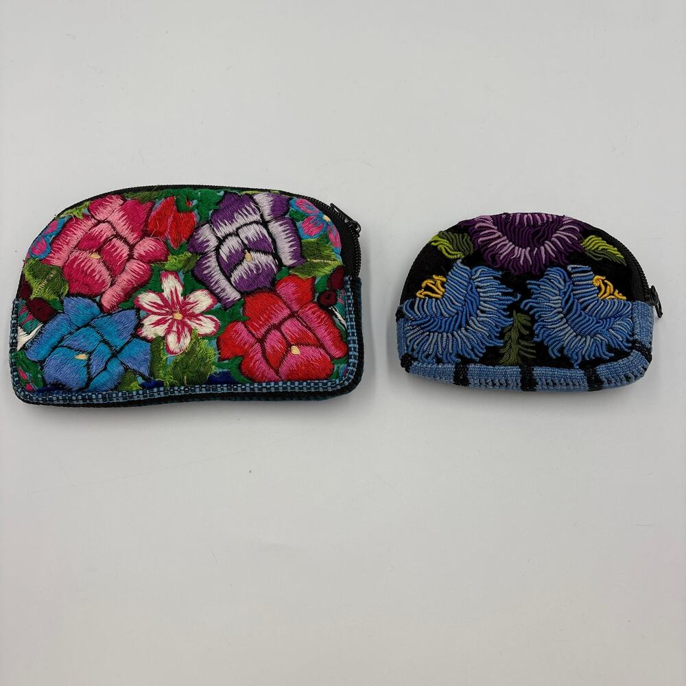 Handmade Guatemalan Coin Purse Set Two Sizes Floral Boho Bohemian